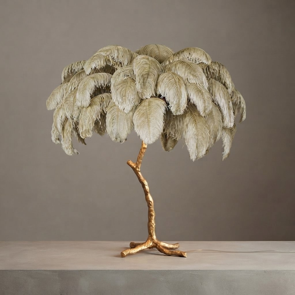 Ostrich Feather Floor Lamp with Gold Branch Base — Khaki