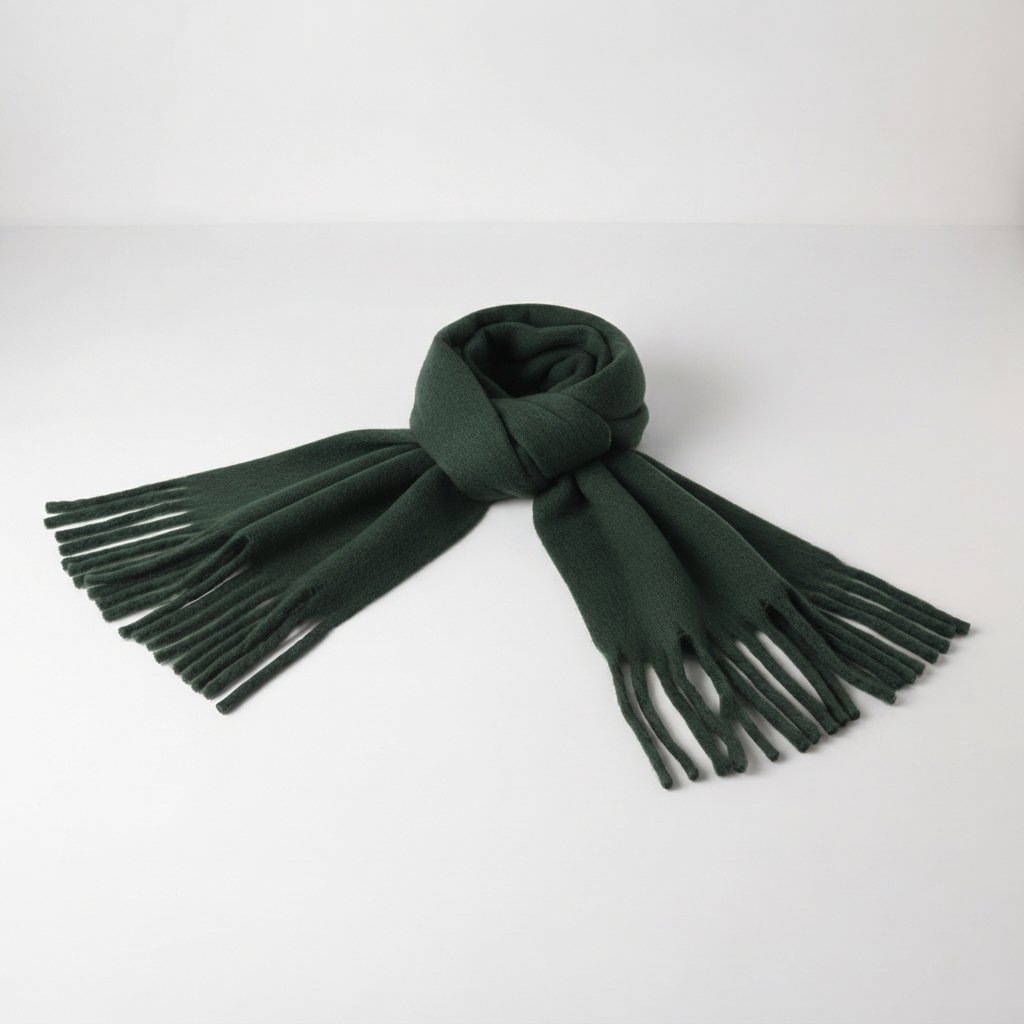 Oversized Plush Winter Scarf with Tassels — Dark Green