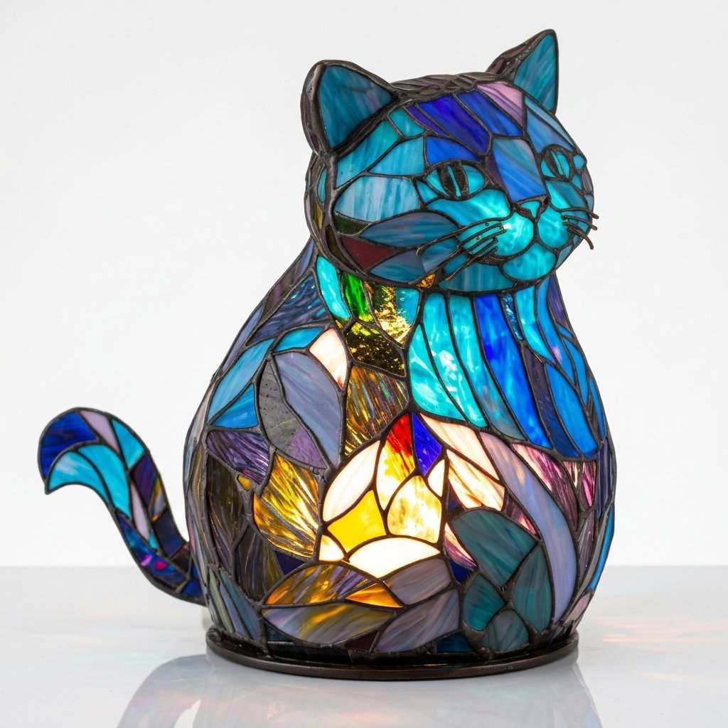 Stained Glass-Look Animal Table Lamp, USB LED — Cat