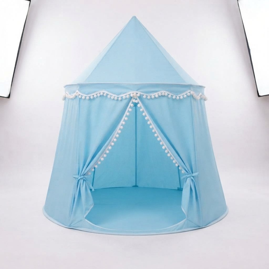 Children's Indoor Play Tent with Pom-Pom Detail — Light Blue
