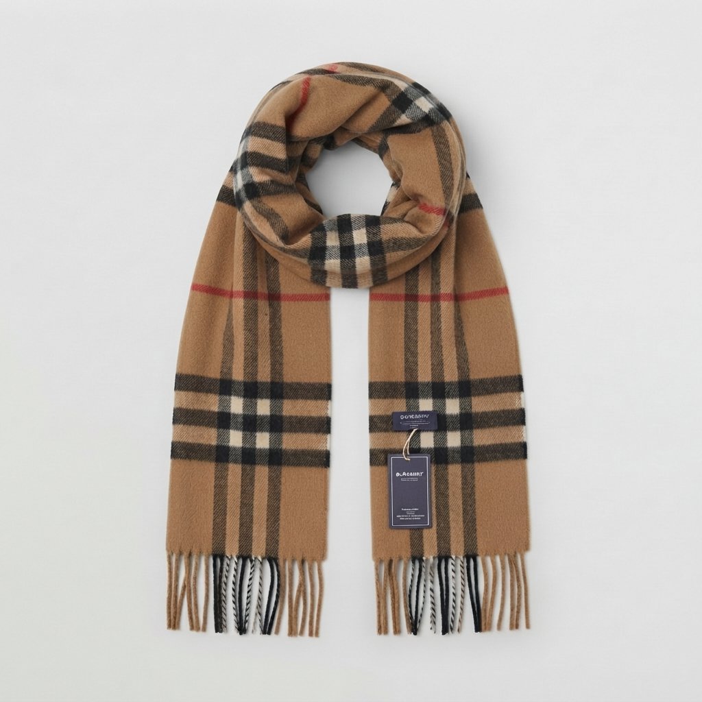 Classic Check Scarf with Fringe, Wool-Feel Wrap — Cream Khaki