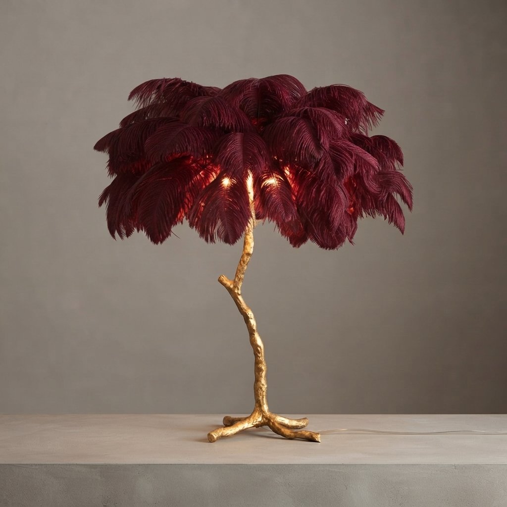 Ostrich Feather Floor Lamp with Gold Branch Base — Burgundy