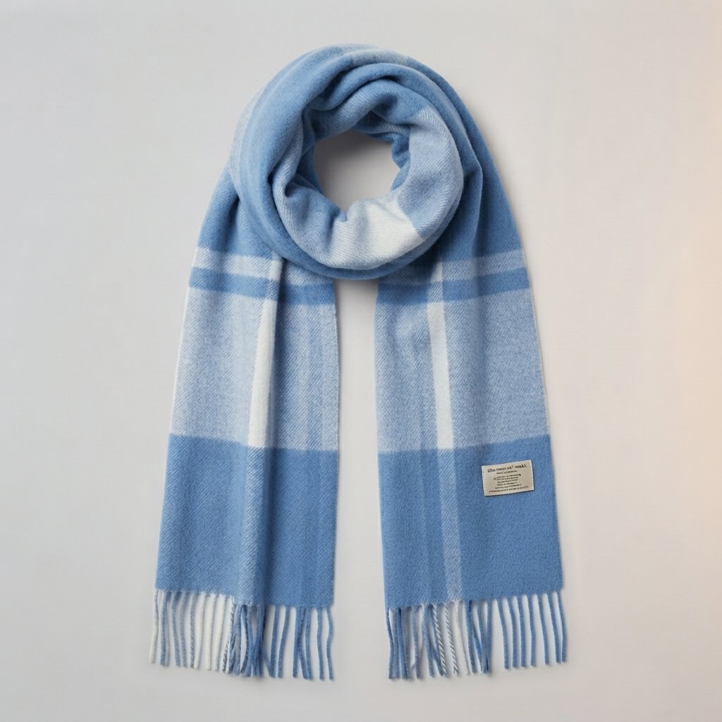 Plaid Wool Scarf with Fringe – Oversized Winter Wrap — Blue
