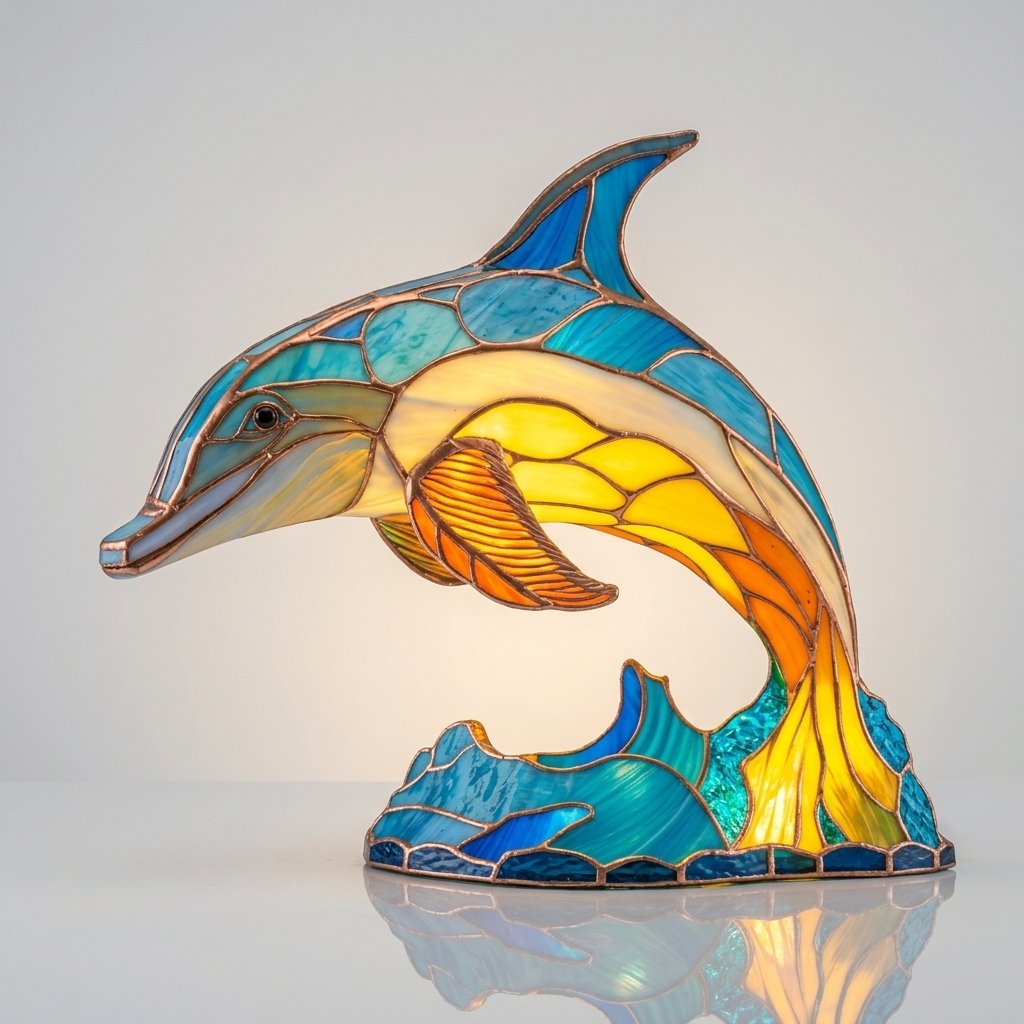 Stained Glass-Look Animal Table Lamp, USB LED — Dolphin