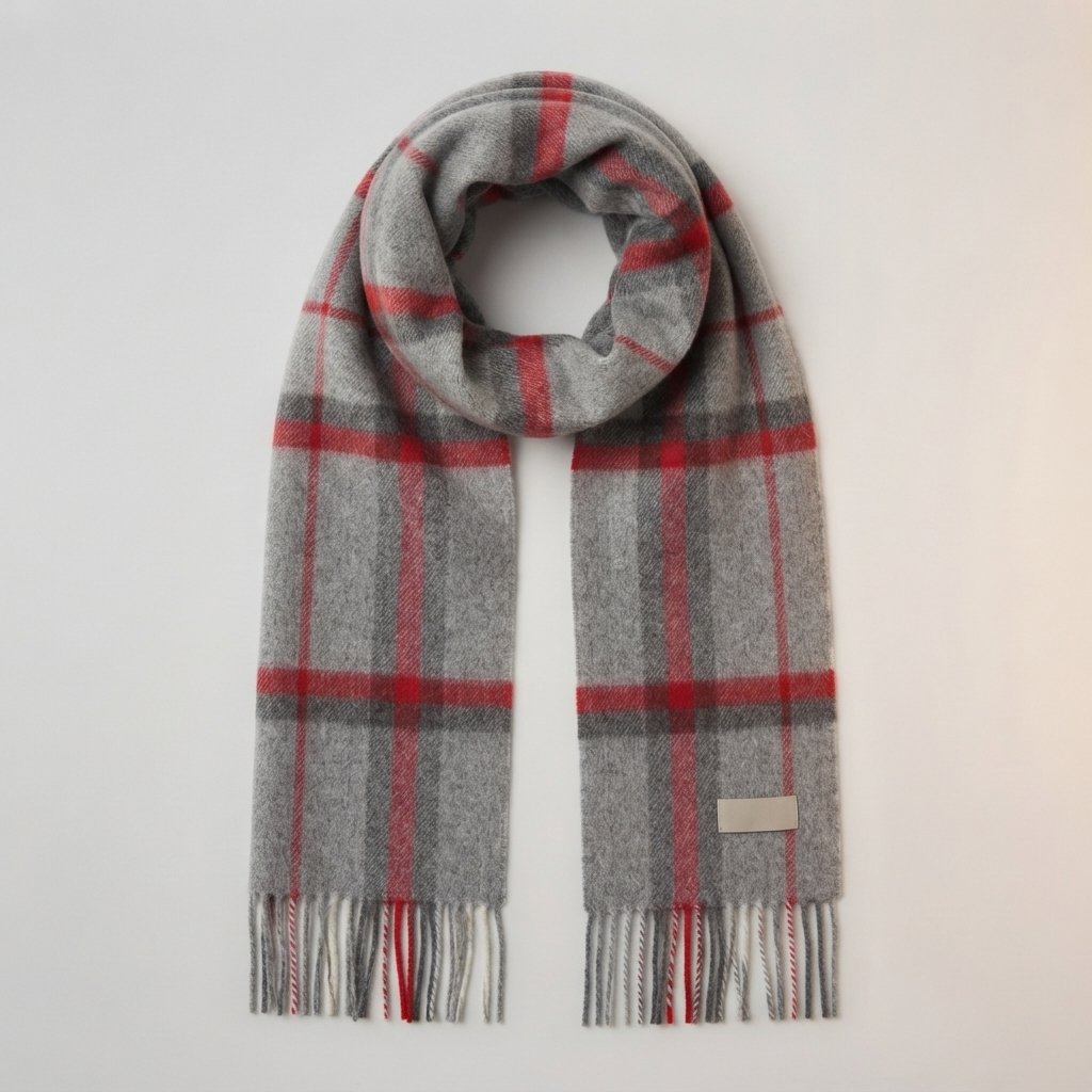 Plaid Wool Scarf with Fringe – Oversized Winter Wrap — Grey Red