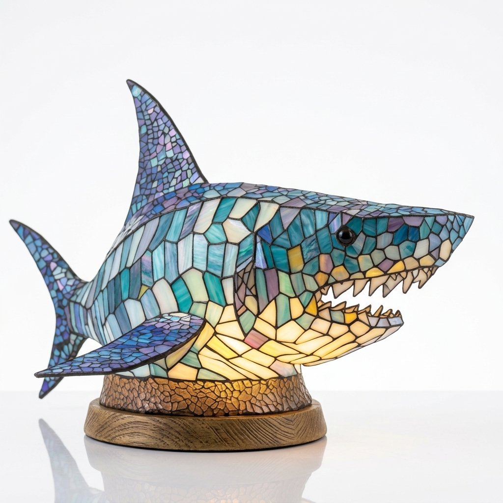 Stained Glass-Look Animal Table Lamp, USB LED — Shark