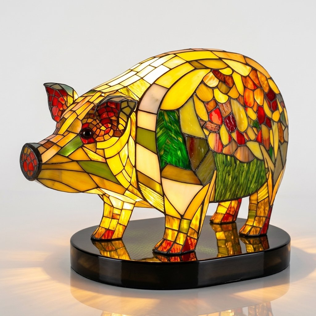 Stained Glass-Look Animal Table Lamp, USB LED — Pig