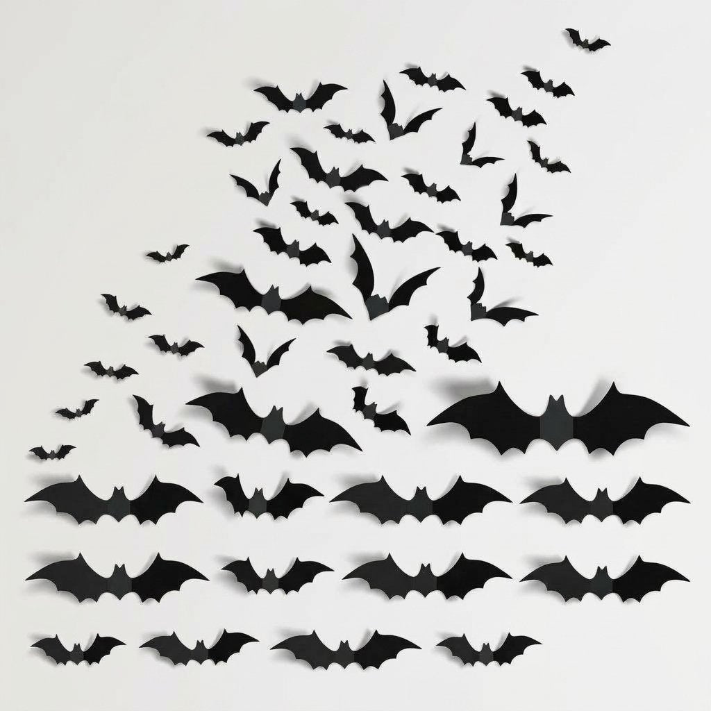 3D Foldable Bat Wall Stickers for Halloween Decoration – Peel and Stick, Reusable, Indoor Use — C96 pcs (Black Bat)