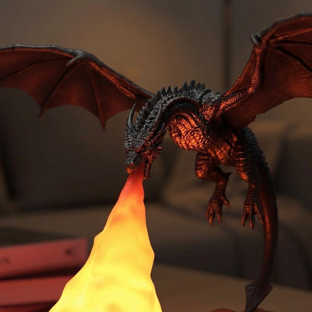 3D Printed Dragon Night Light with LED Fire Glow Base – Tabletop Room Decoration