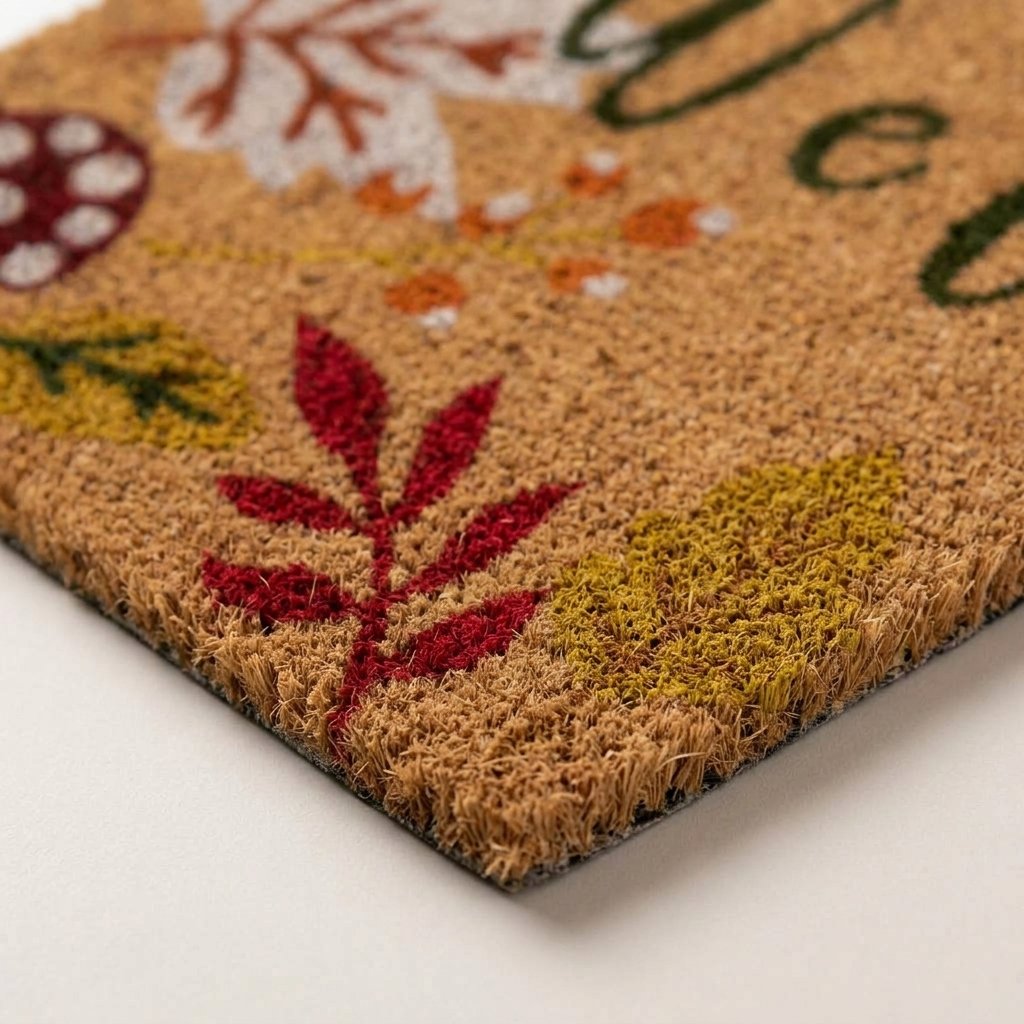 Autumnal Welcome Coir Doormat with Leaves, Pumpkins and Mushroom Print