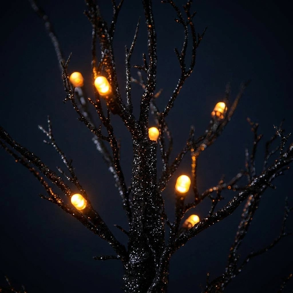 Black Glitter Halloween Tree with 40 Orange LED Lights and Built-in Timer, 60 cm