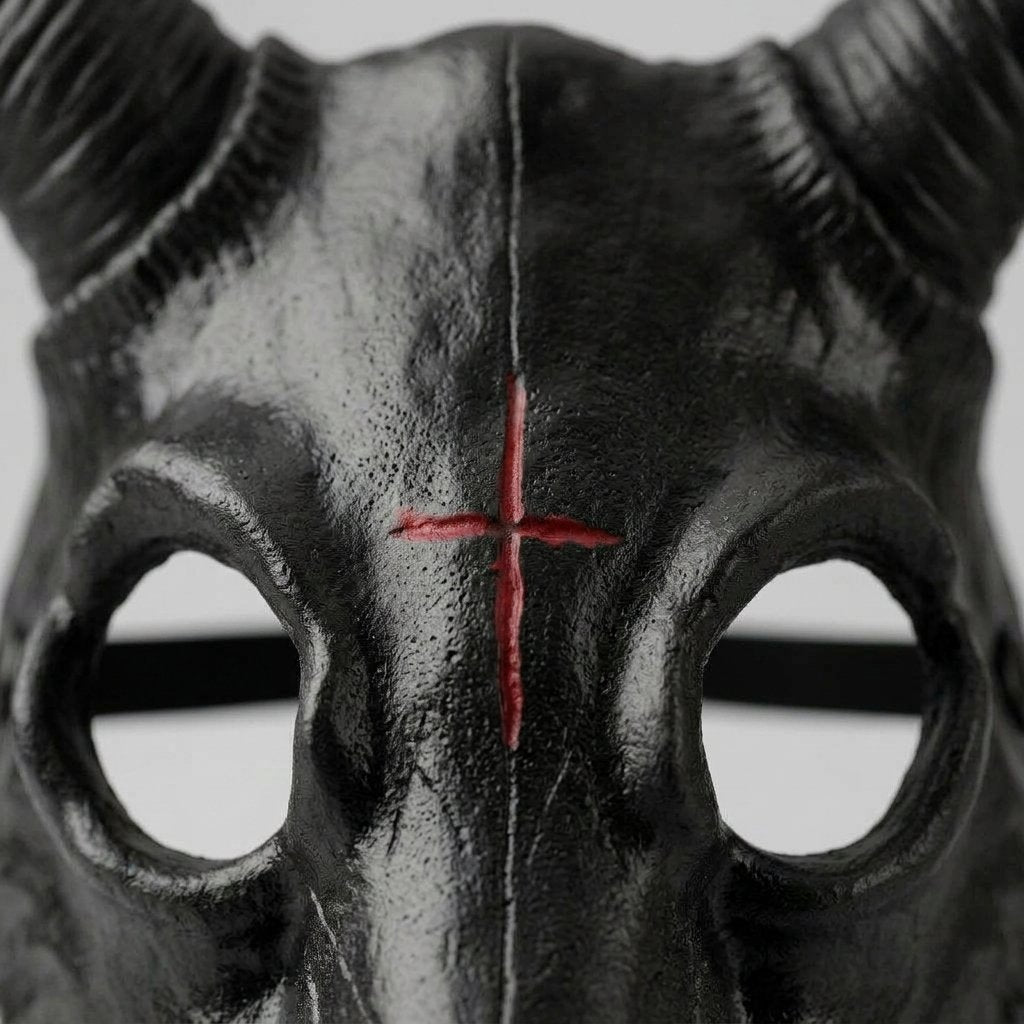 Black Ram Skull Mask with Curved Horns and Red Cross Detail