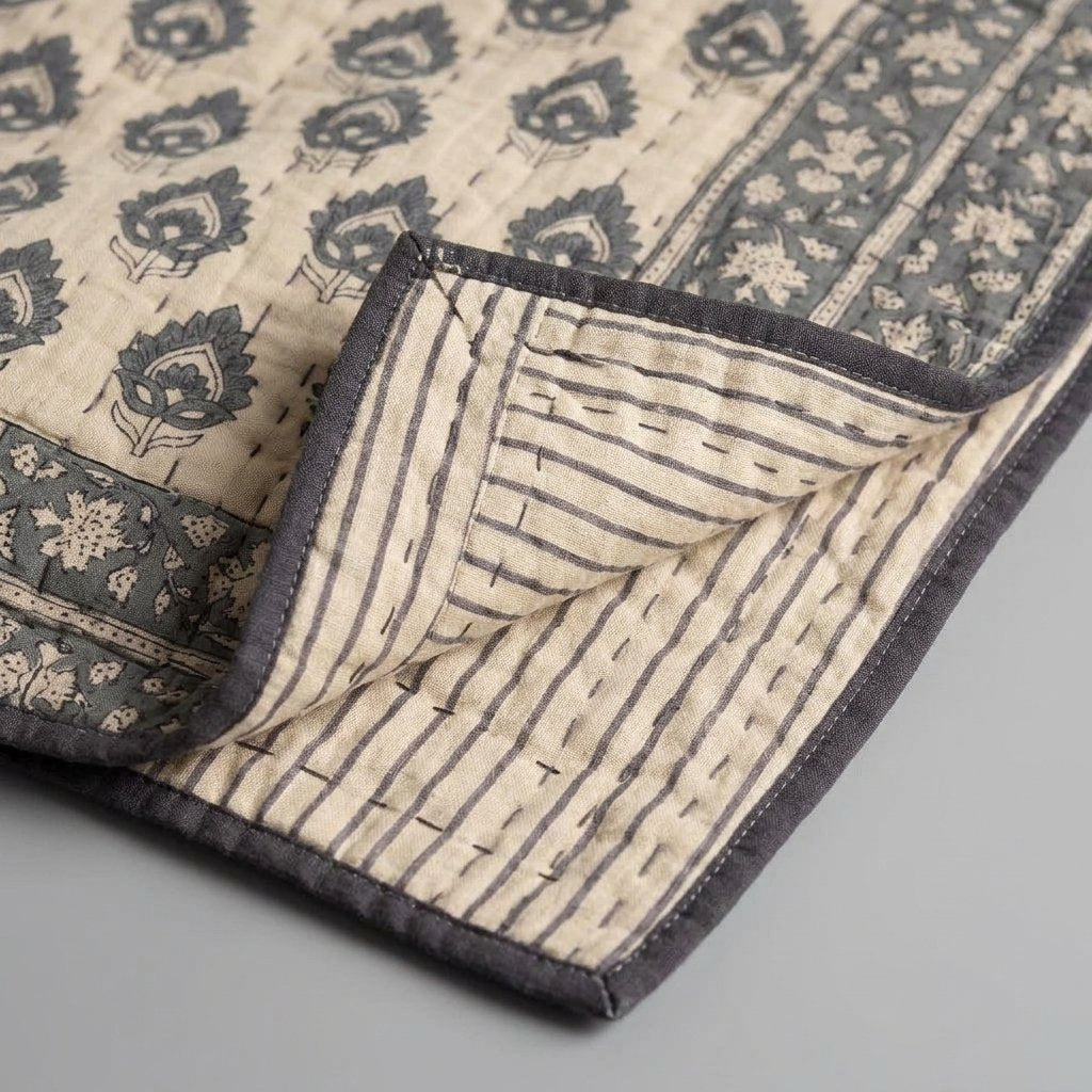 Block-Print Kantha Bedspread, Dark Blue & Cream