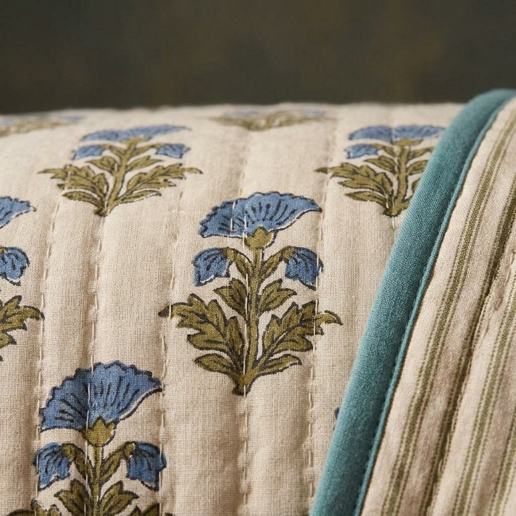 Block-Print Kantha Bedspread, Dusty Blue Floral