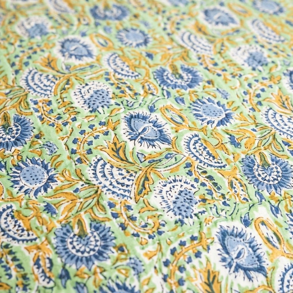 Block Print Quilted Bedspread, Green & Blue Floral