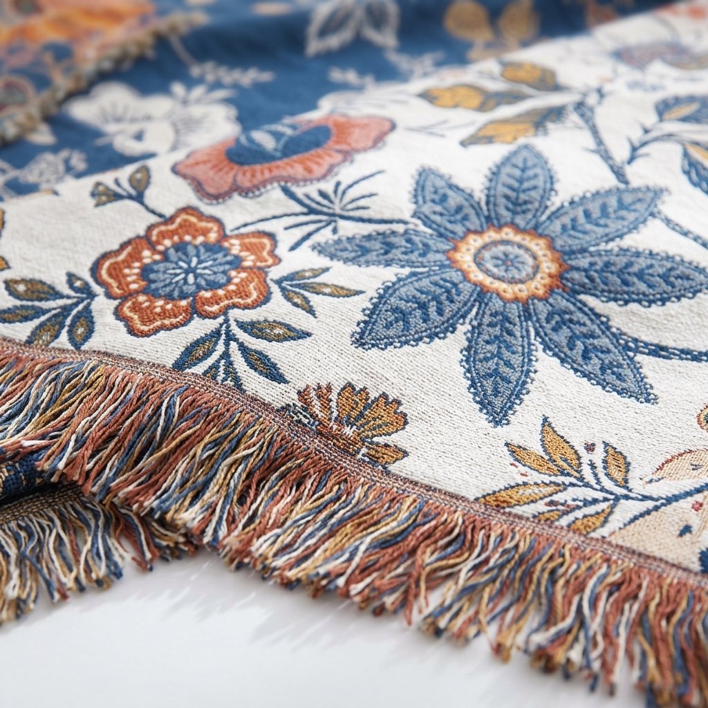 Boho Floral Throw Blanket with Fringe, Cotton-Polyester Blend