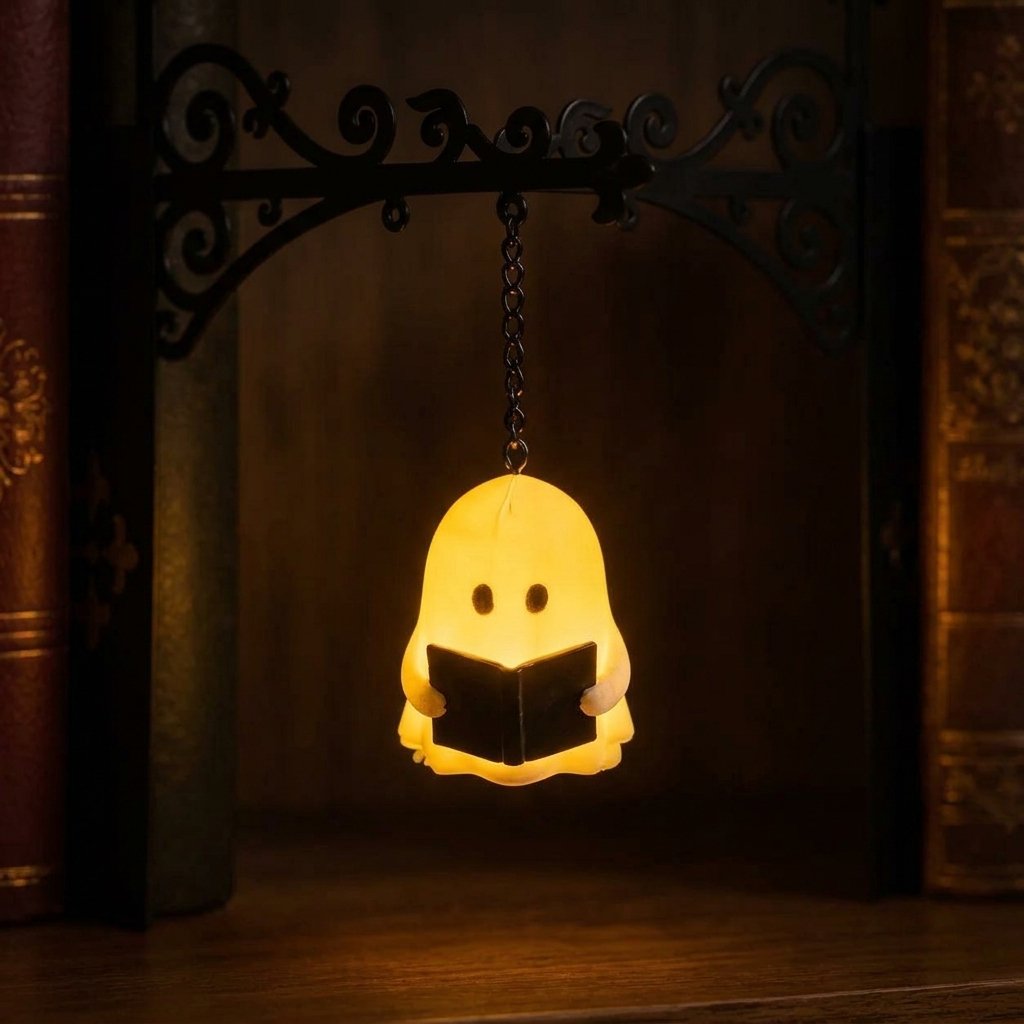 Bookshelf Hanging Lantern with Ghost Figure and Decorative Metal Bracket