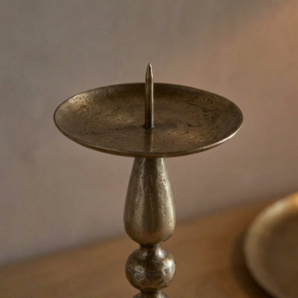 Brass Pillar Candle Holder, Turned Iron Stand