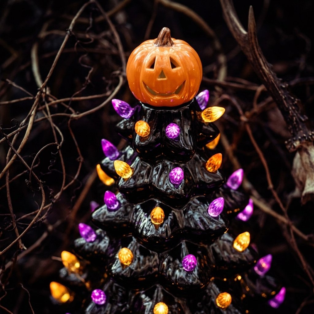Ceramic Halloween Holiday Tree with Glowing LED Lights and Pumpkin Topper