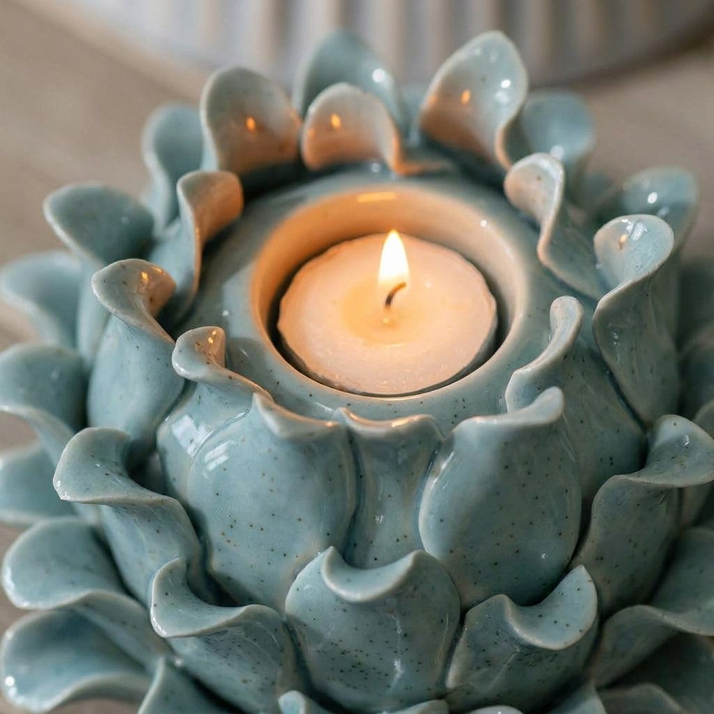 Ceramic Petal Tealight Holder in Sage Blue