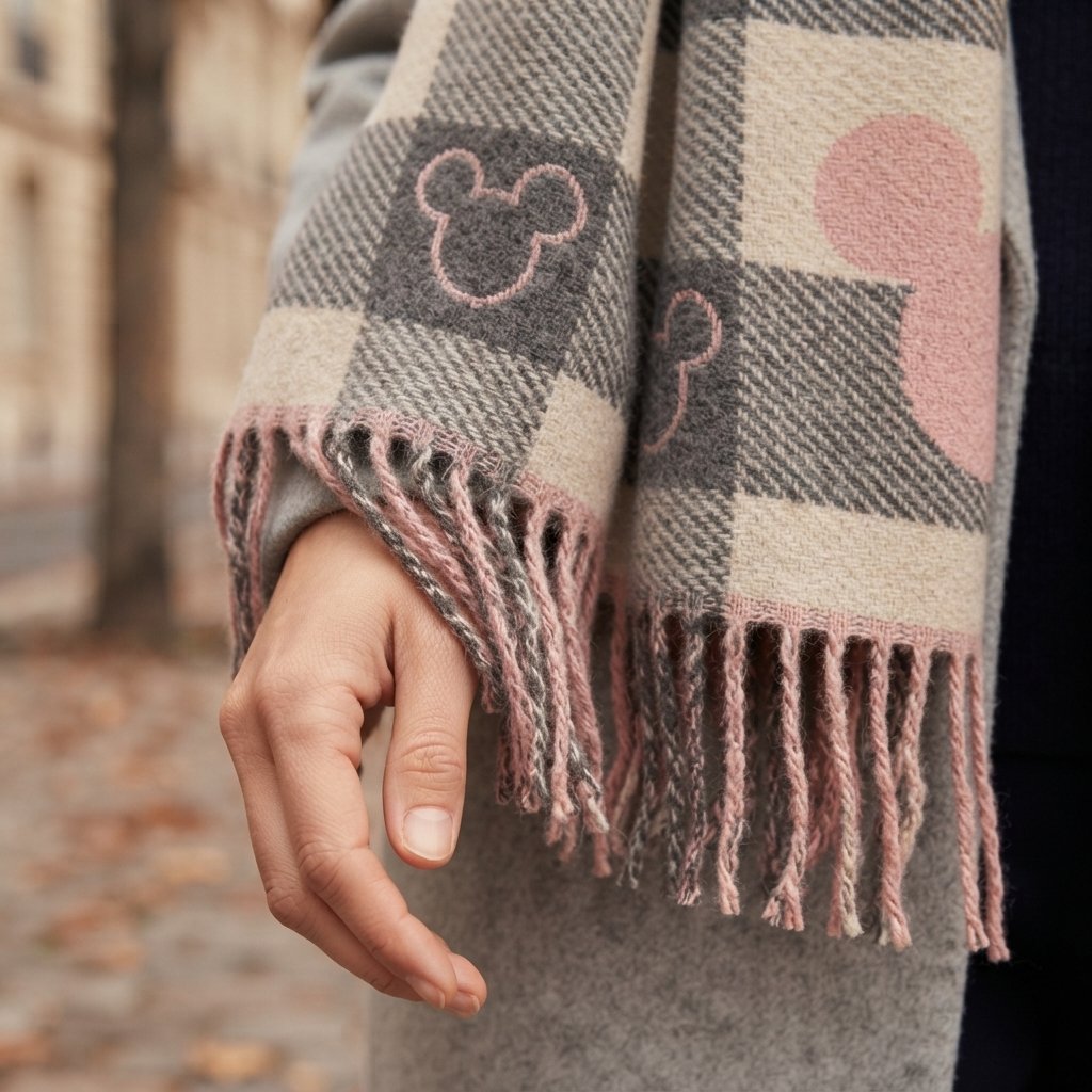 Checked Winter Scarf with Motif Print and Tassels