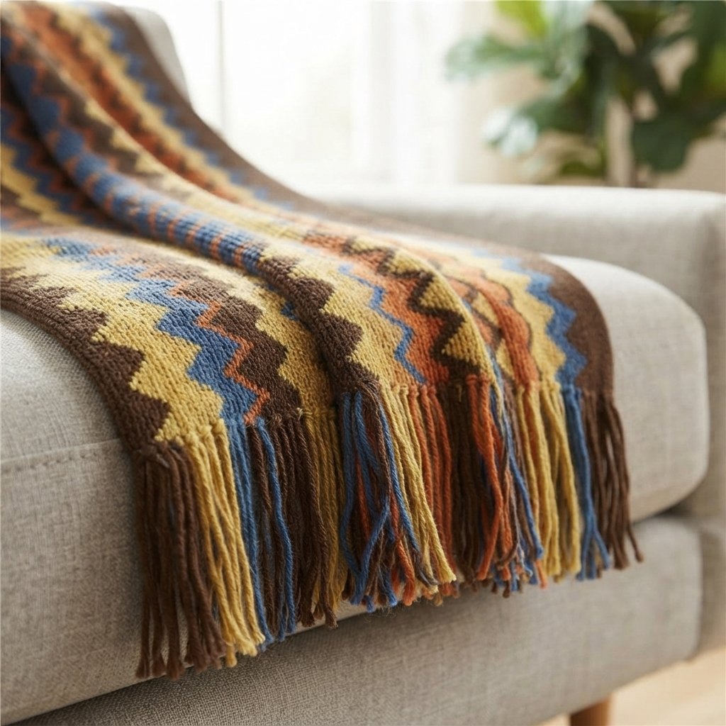 Chevron Knit Throw Blanket with Fringe, Boho Pattern