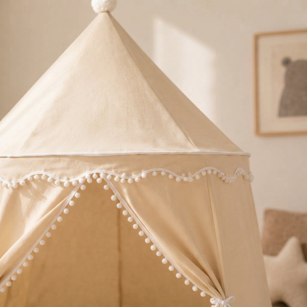 Children's Castle Play Tent with Pom-Pom Trim, Beige