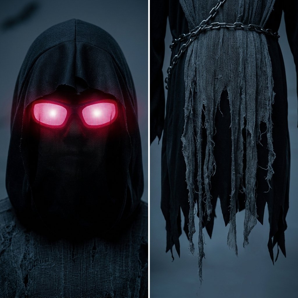 Children's Grim Reaper Halloween Costume Set with Glowing Red Eyes and Toy Scythe