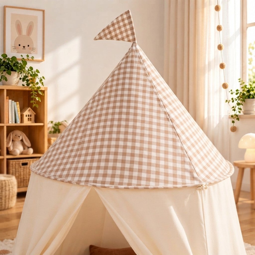 Children's Pop-Up Play Tent with Gingham Roof and Flag