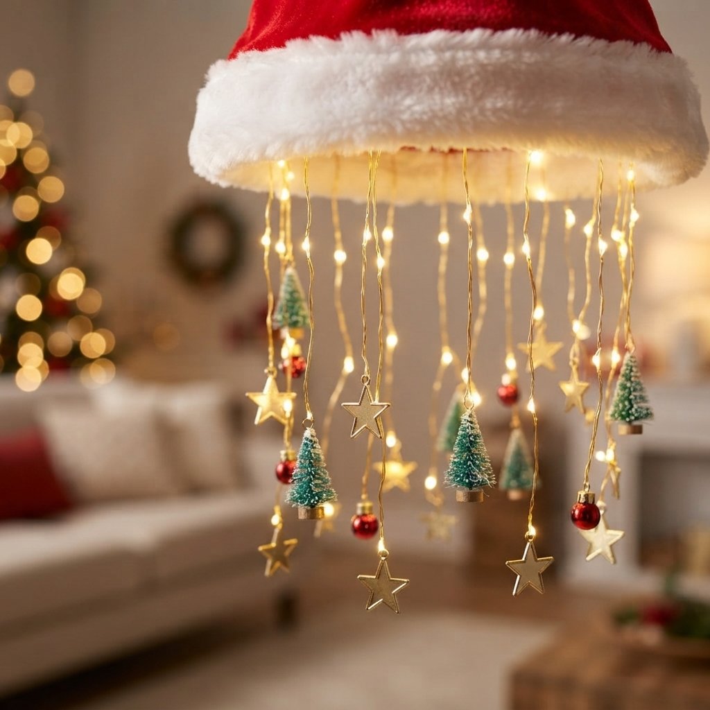 Christmas Santa Hat Hanging Light Chandelier with LED Tassels