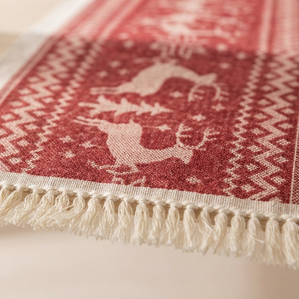 Christmas Table Runner with Reindeer and Tassel Edges