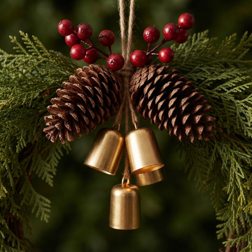 Christmas Wreath with Pinecones, Berries & Golden Bells