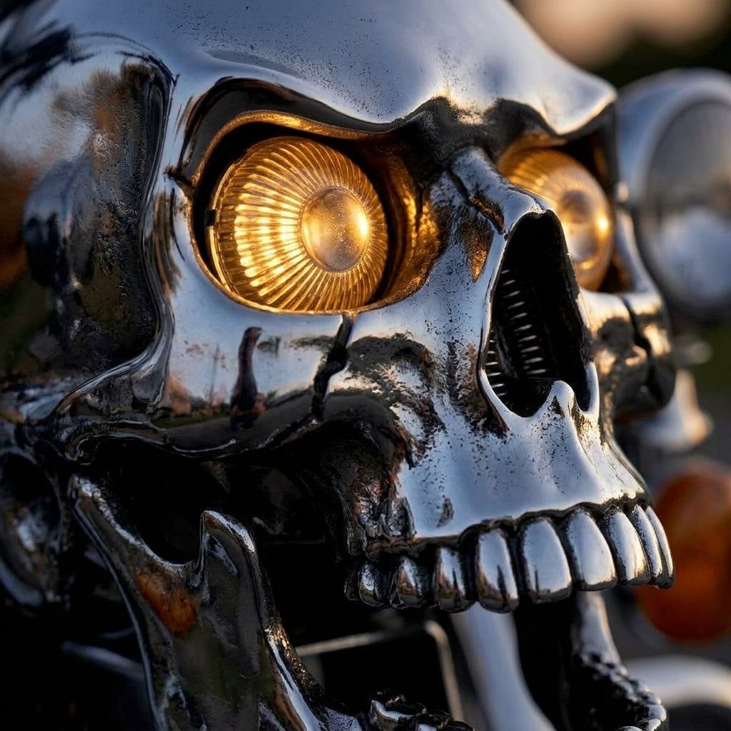 Chrome Skull LED Motorcycle Headlight with Glowing Eyes