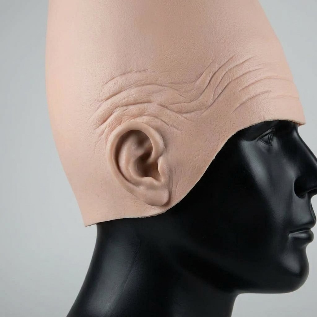 Conehead Halloween Costume Headpiece with Moulded Ears and Forehead Wrinkles – Latex Mask