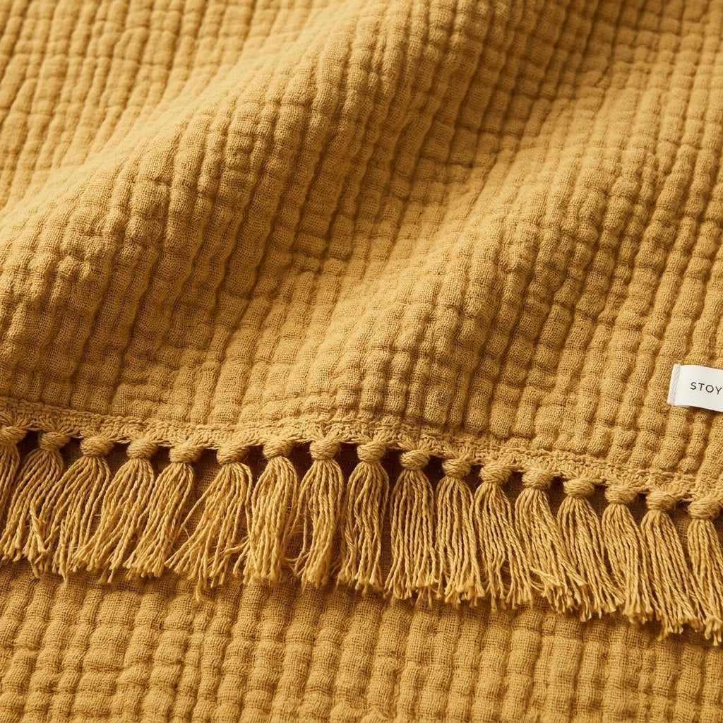 Cotton Crinkle Throw with Tassels, 100% Cotton