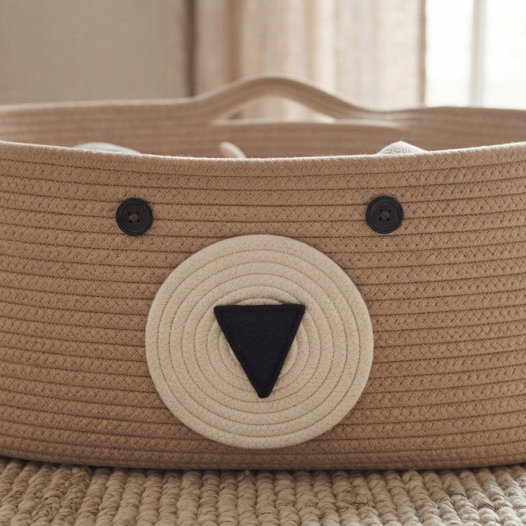 Cotton Rope Moses Basket with Bear Detail and Handles