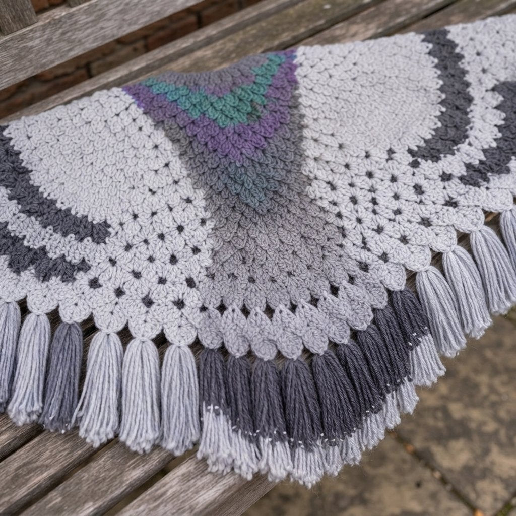 Crochet Wing Shawl with Tassels, Pigeon Feather Design