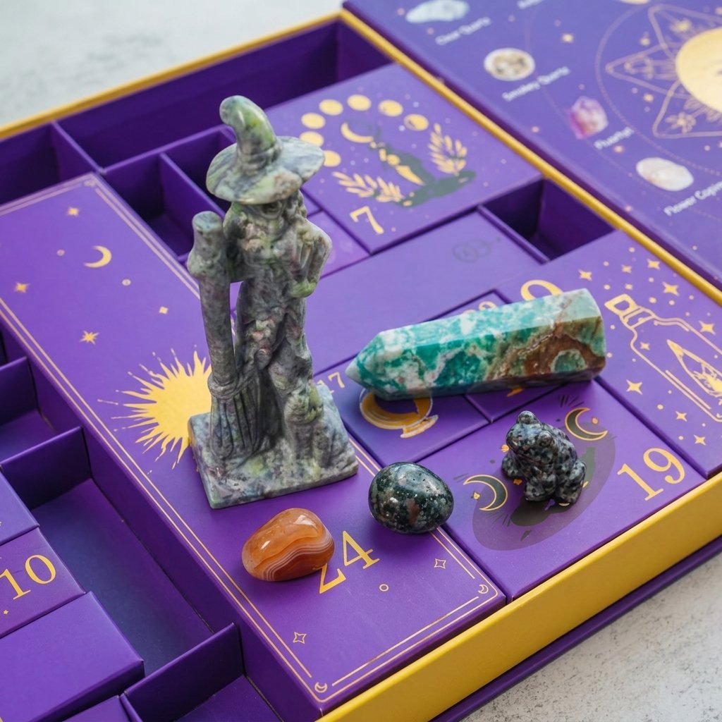 Crystal Advent Calendar with 24 Gemstones, Carved Figurines and Zodiac Reference Charts