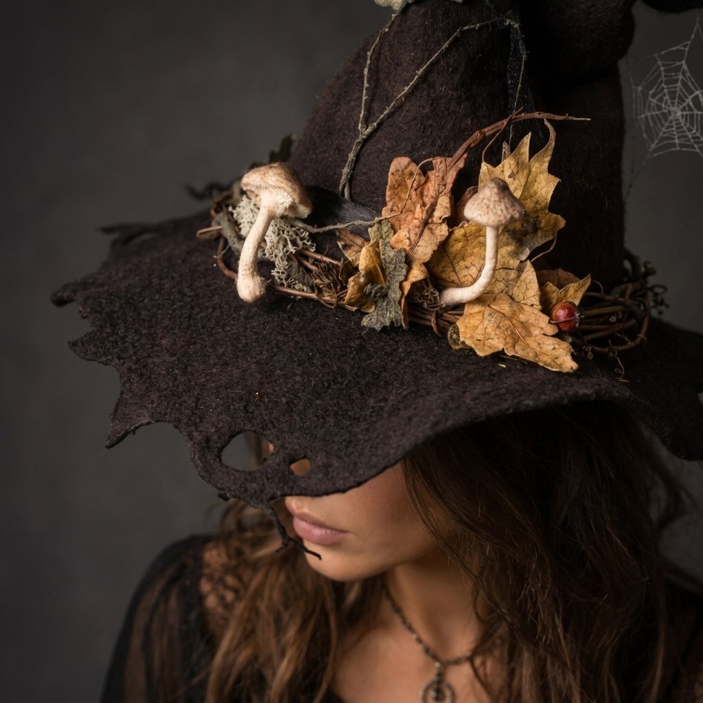 Decorated Witch Hat with Felted Wool, Forest Embellishments and Whimsical Curled Tip