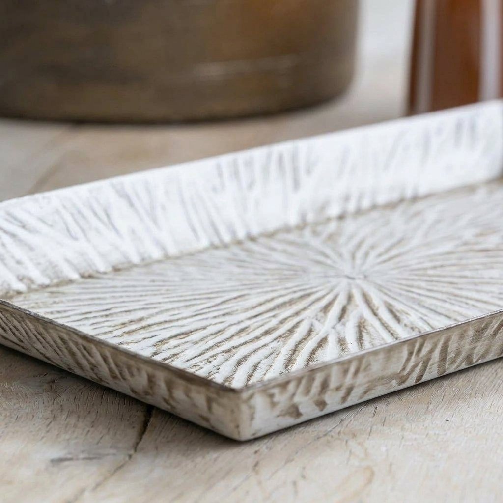 Embossed Iron Decorative Tray, Whitewashed Finish