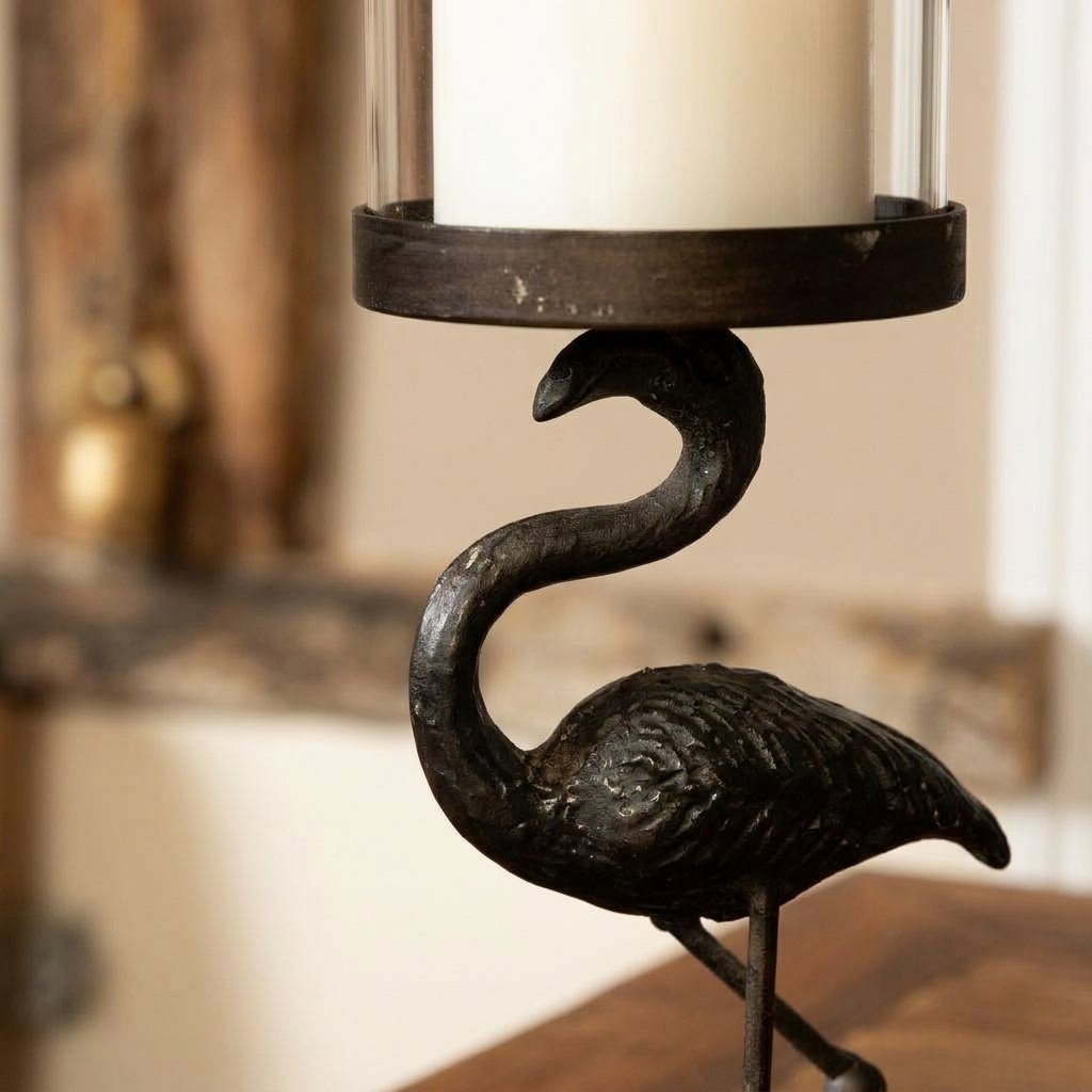Flamingo Hurricane Candle Holder, Dark Iron and Glass