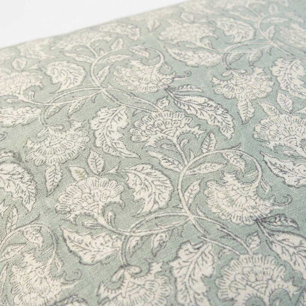 Floral Block-Print Cushion Cover, Soft Sage, 24x24 in