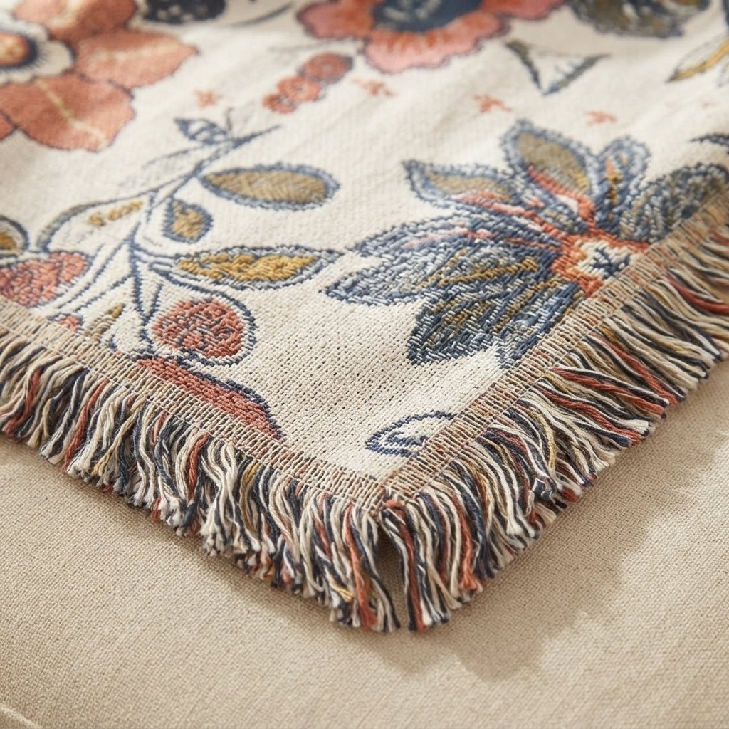 Floral Jacquard Cotton Throw Blanket with Fringe Trim