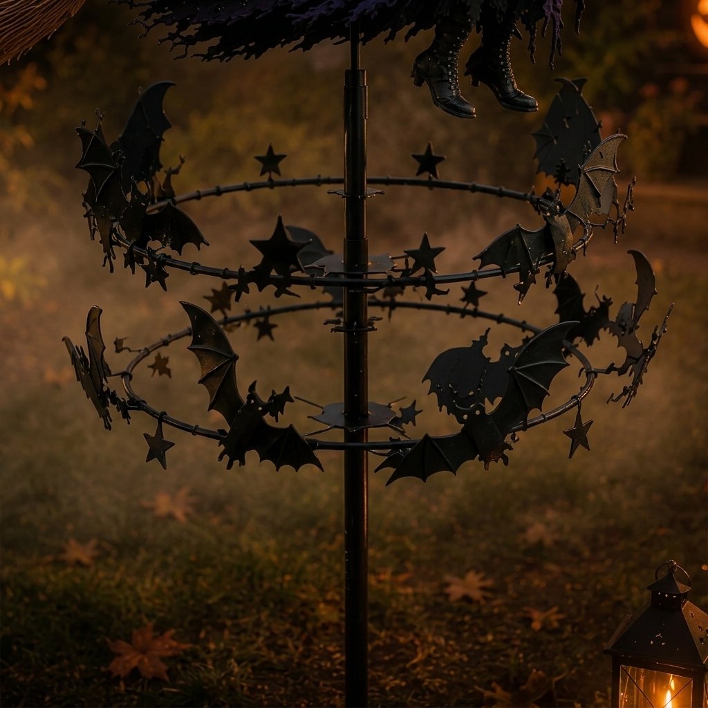 Flying Witch Wind Spinner Garden Stake with Spinning Bat and Star Rings