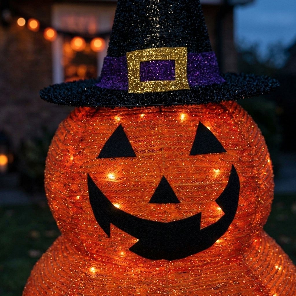 Foldable Light-Up Double Pumpkin Halloween Decoration with 45 LED Lights and Witch Hat, 80 cm