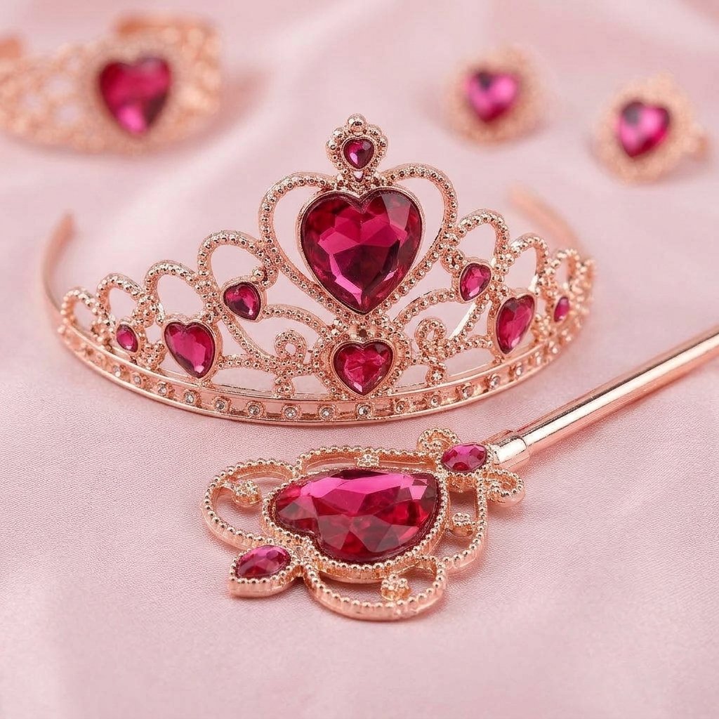 Girls' Princess Dress-Up Accessory Set – Tiara, Wand, Gloves, Necklace, Bracelet, Earrings and Ring