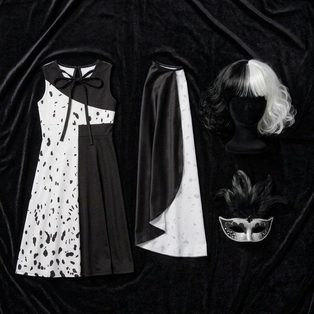 Girls' Split Black and White Villain Costume Set with Cape, Wig and Masquerade Mask