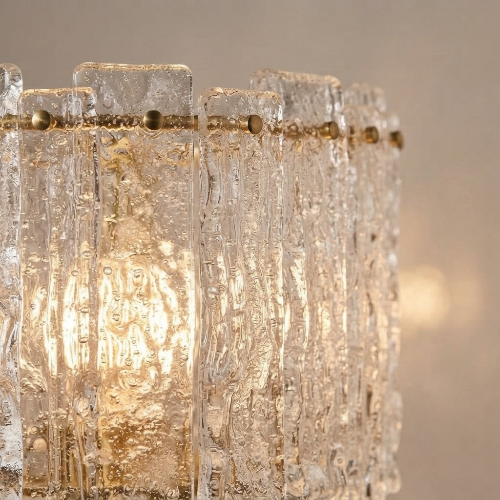 Glass & Brass Table Lamp with Textured Ice-Glass Shade