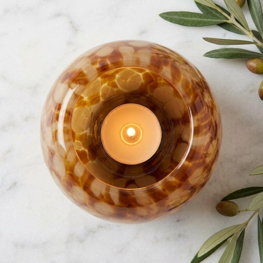 Glass Tealight Holder, Honey Amber Spotted Globe