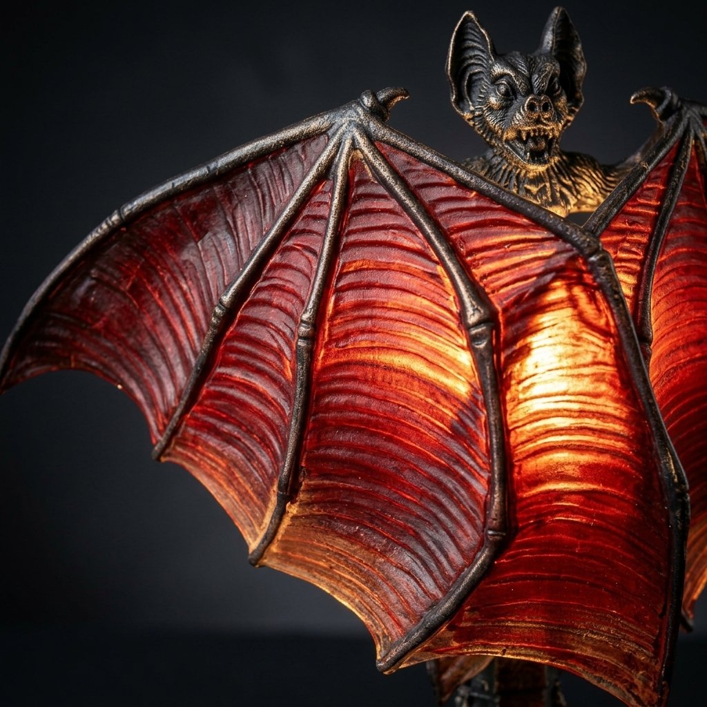 Gothic Bat Table Lamp with Translucent Red Wings and Cathedral Base
